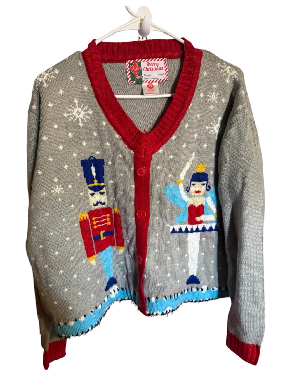 Merry Christmas Nutcracker & Ballerina Cardigan - Gray & Red extra large xl